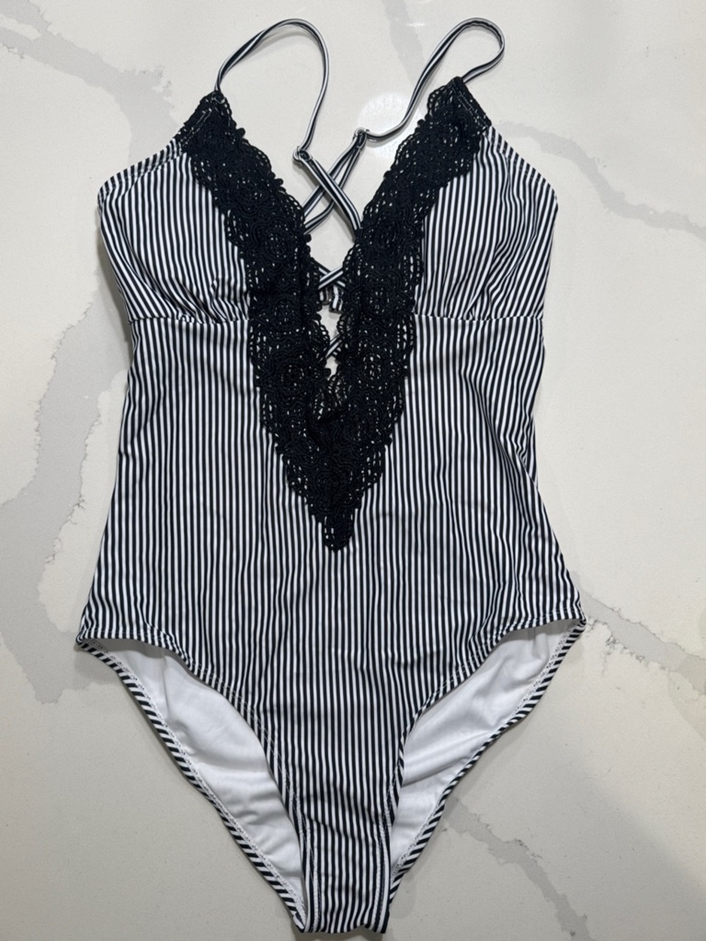 Cupshe Black & White Striped One-Piece Swimsuit with Lace Trim
